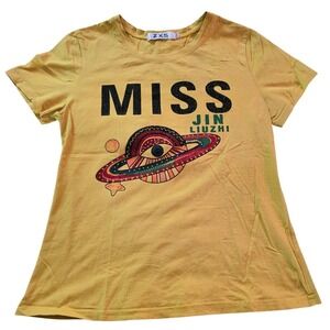 ZXS Miss Jin Liuzhi Graphic T-Shirt Yellow Rhinestone Planet Eye S/M Festival
